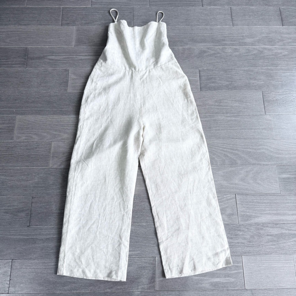 Reformation Huntington Open Back Linen Jumpsuit 12 Oatmeal Wide Leg Lace Up - Picture 4 of 16